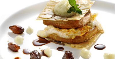 Gateau of goose liver, phyllo pastry and pear puree