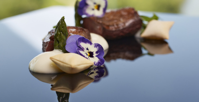 Supreme pigeon, smoked potatoe pure, infused asparagus in yuzu truffle vinegrete, semolina cracker