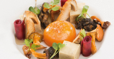 A set of textures and cooking methods for autumnal mushrooms and mollet egg, thyme-infused bouillon